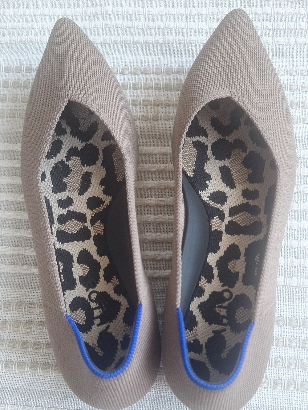 Rothy's Taupe Pointed Toe Women’s Flats with Blue Trim. Size:8